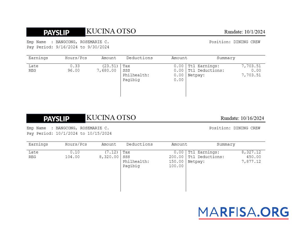 Printable Kusina Otso restaurant payslip sample